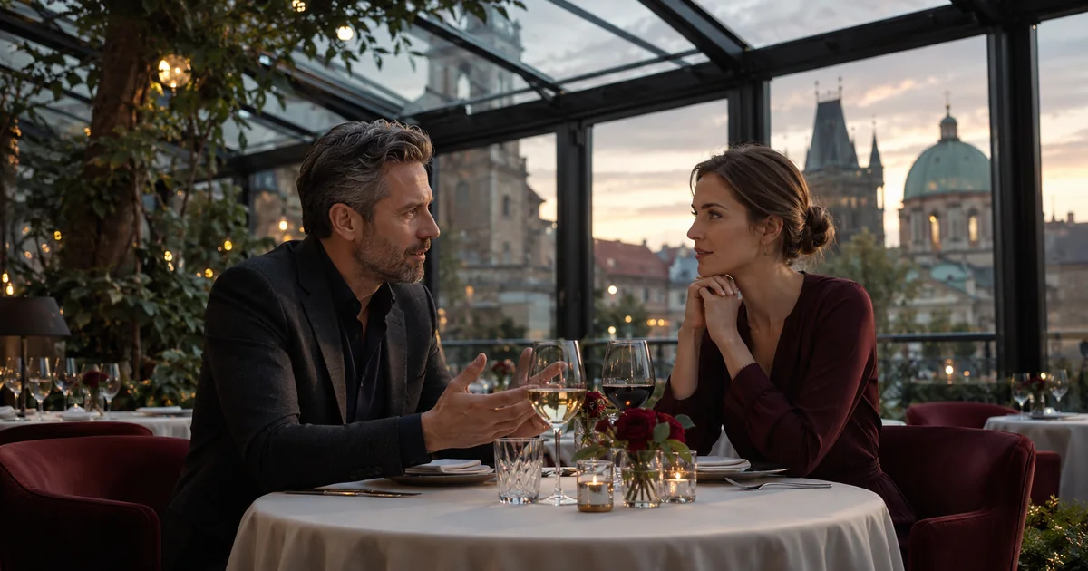 Elegant couple enjoying a thoughtful conversation in Prague