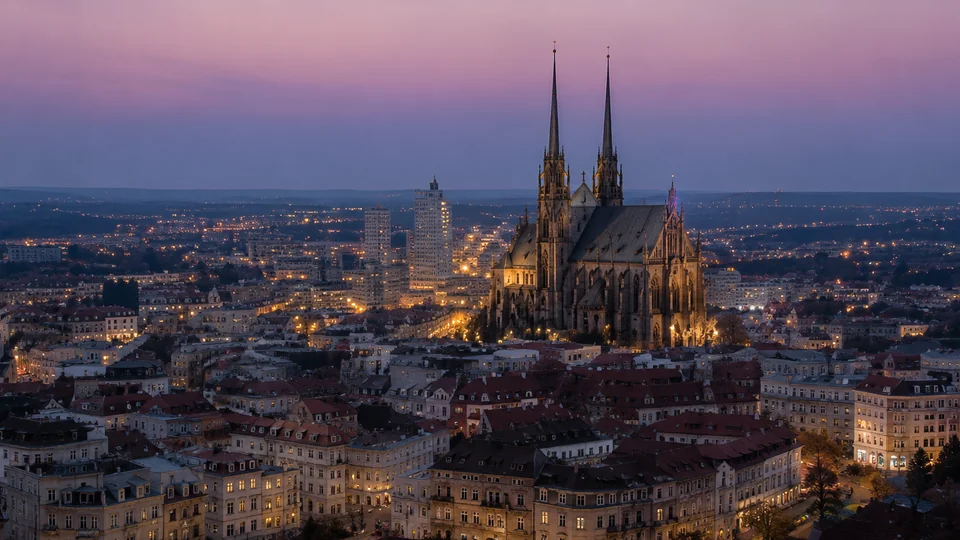 Brno skyline and cathedral at dusk