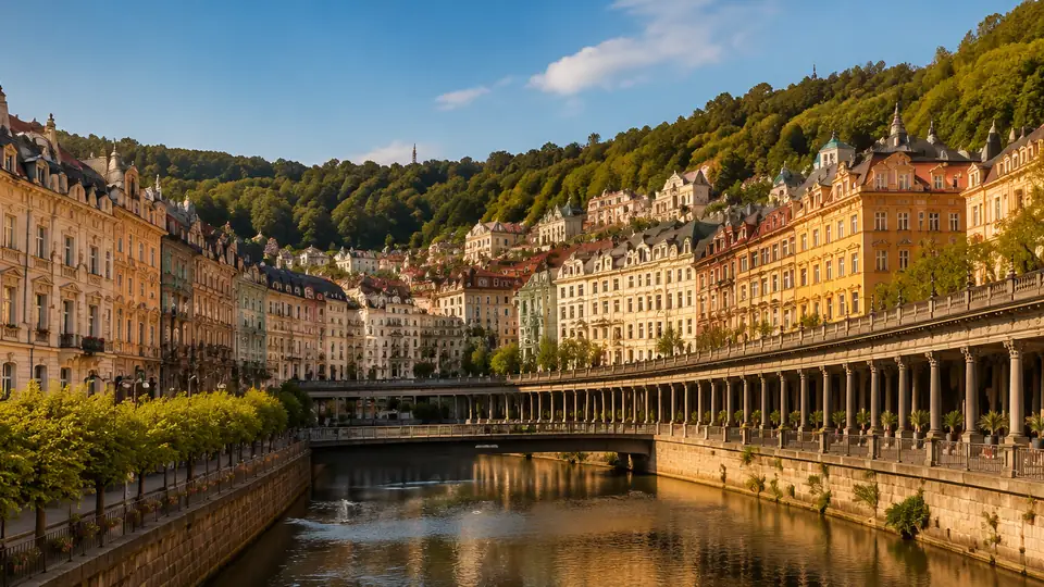 Karlovy Vary riverfront and colonnades