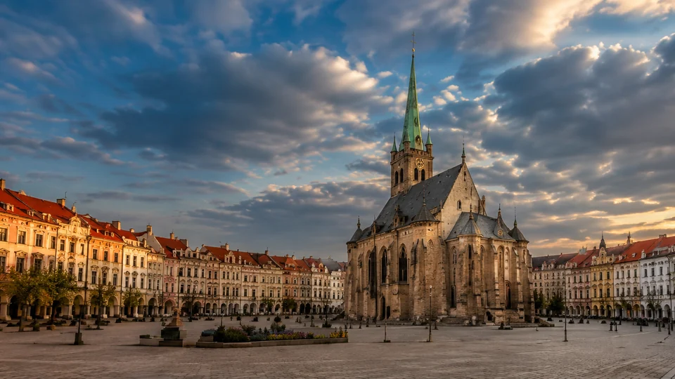 Historic main square and cathedral in Plzeň