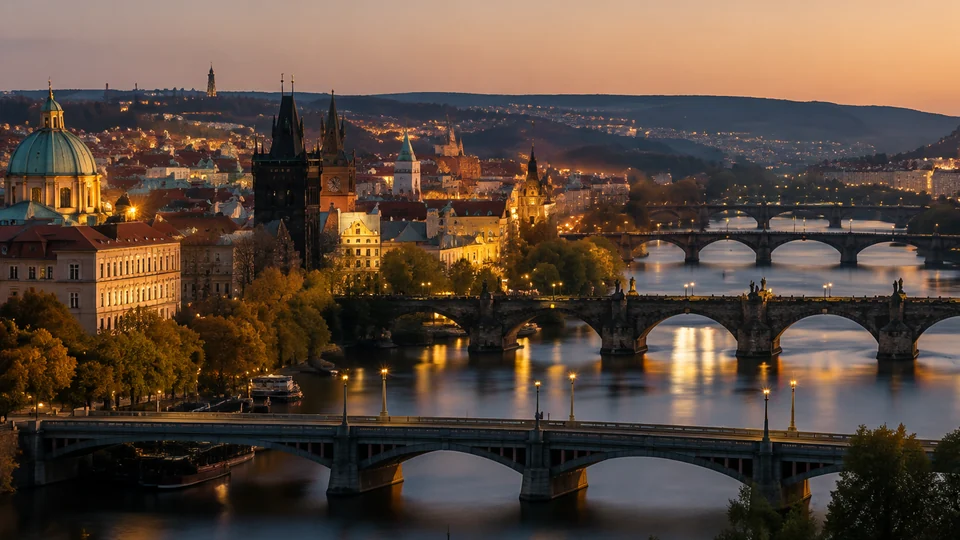 Prague skyline and Vltava bridges at dusk