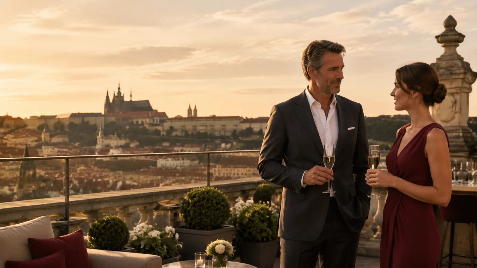 Successful mature man and ambitious professional woman meeting on an elegant Prague terrace